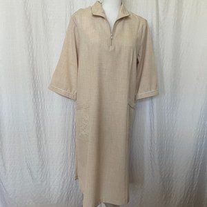 SILVERT'S LINEN ADAPTIVE KHAKI DRESS OPEN BACK EMBROIDERED - SIZE M - NEVER WORN